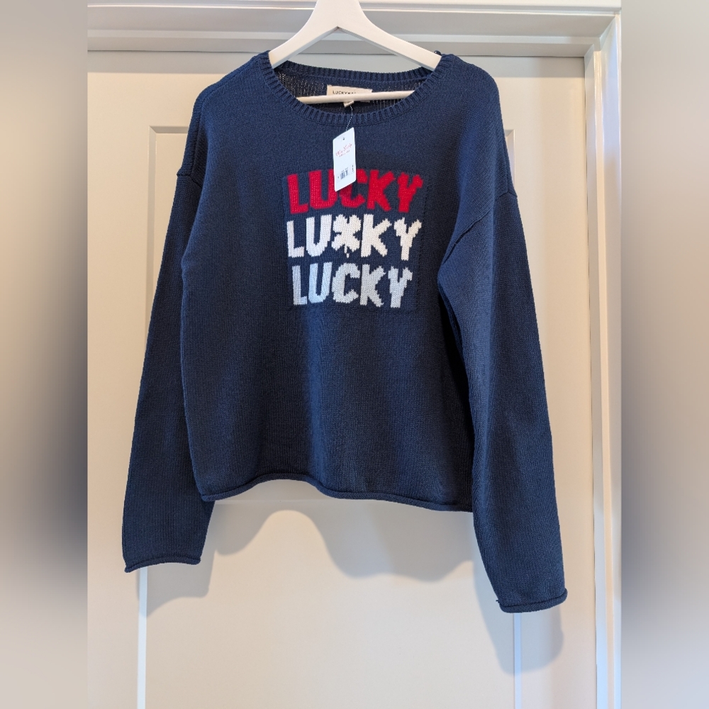Lucky Brand Navy Sweater with 'LUCKY' Design NEW